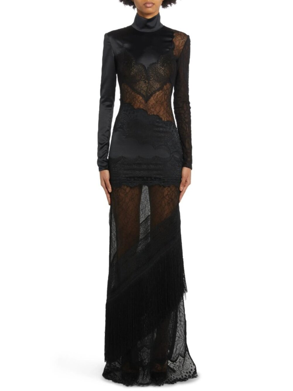 Tom Ford Long Sleeve Floral Lace Satin Gown Maxi Evening Dress Black # 36 / US 2